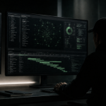 Tmavý prémiový cyber dashboard s workflow sieťou pre článok o AI agentoch a API rizikách