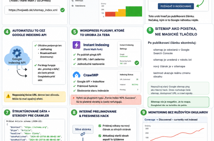 Infografika s postupom bleskovej indexácie WordPress článku cez Google Search Console, sitemapu, interné odkazy, schema a monitoring